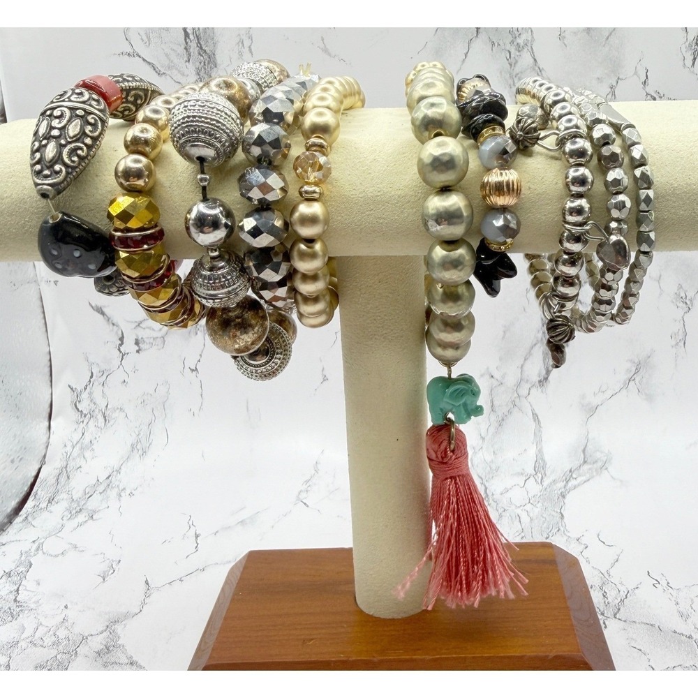 Gold Silver Stretch Bracelet Set of‎ 10 Stackable Beaded Arm Candy Lot